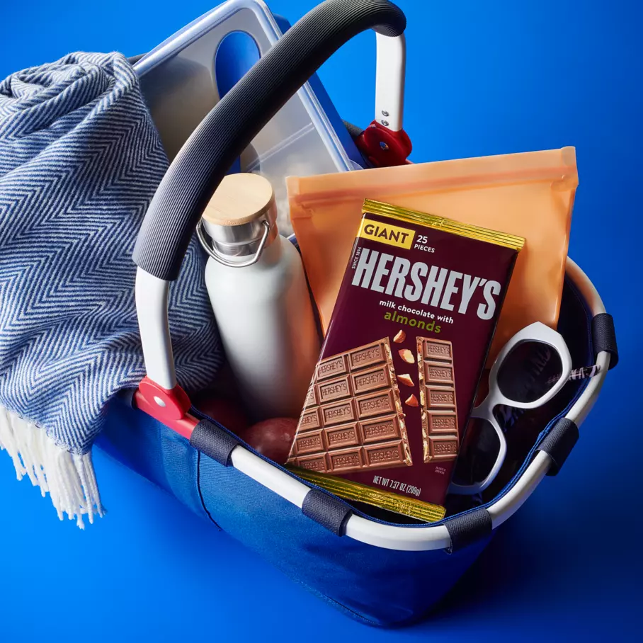 HERSHEY'S Almonds Giant Candy Bar inside picnic basket