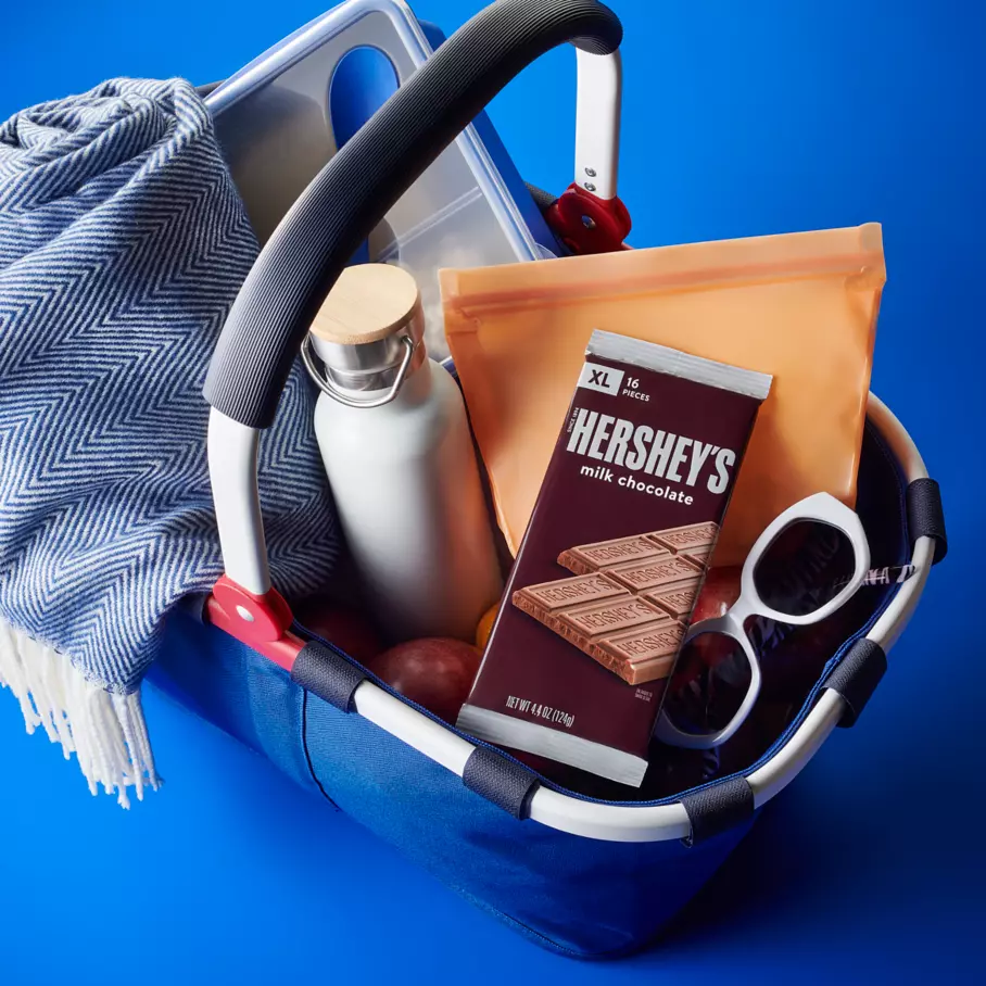 HERSHEY'S Milk Chocolate XL Candy Bar inside picnic basket