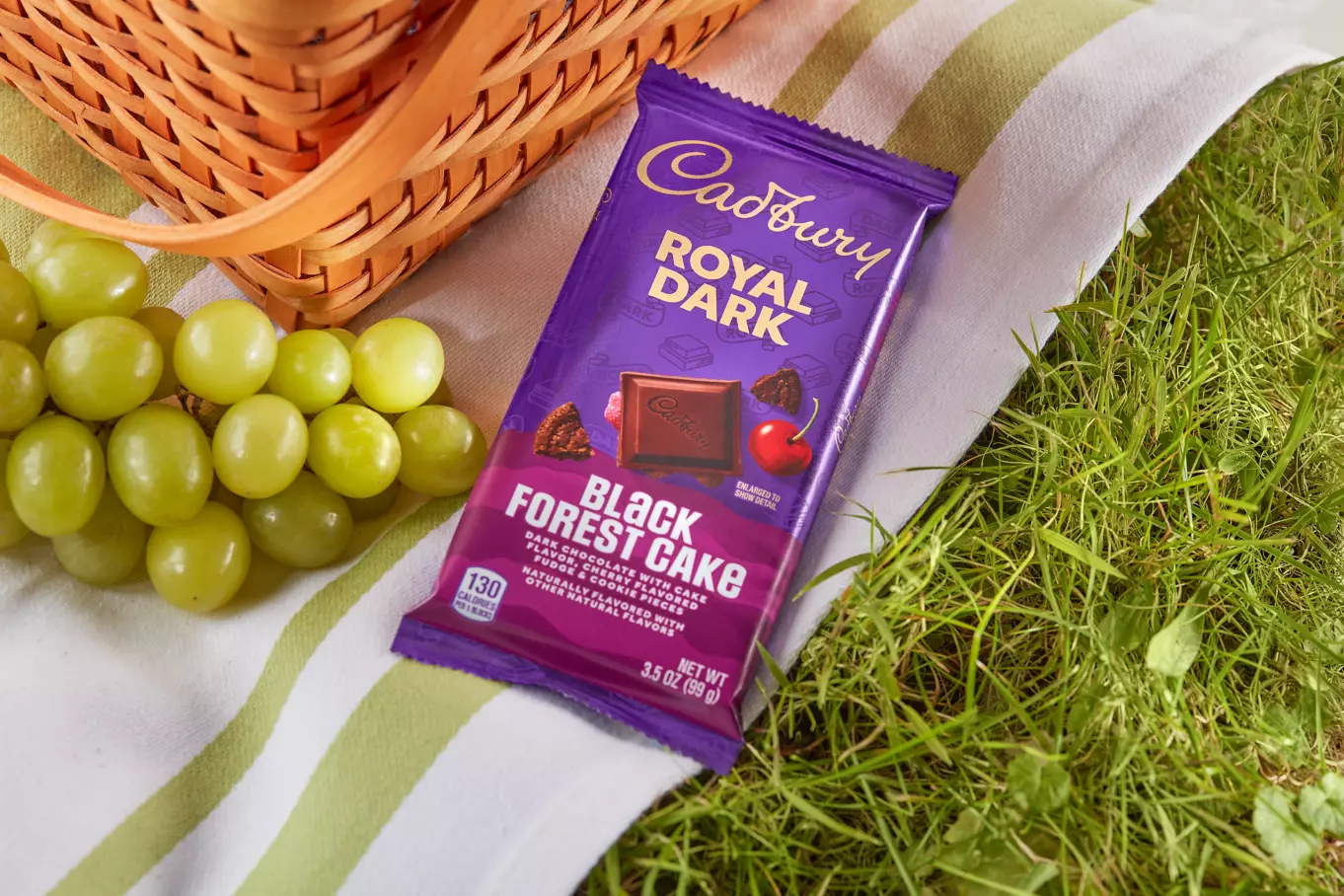 CADBURY Black Forest Cake Candy Bar beside picnic basket