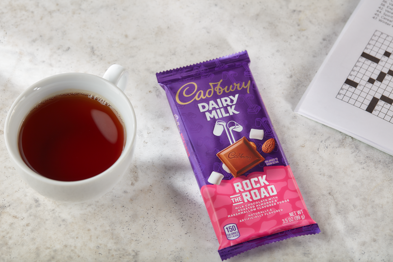 CADBURY Rock The Road Candy Bar with cup of coffee
