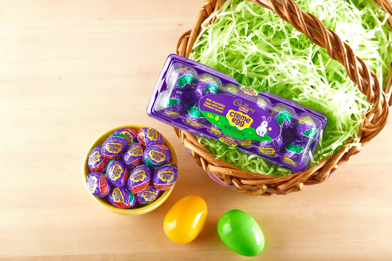 Cadbury Mini Creme Eggs inside Easter basket and bowl