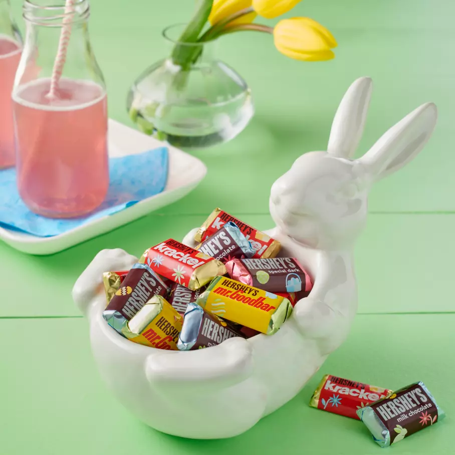 Assorted HERSHEY'S candies inside bunny bowl