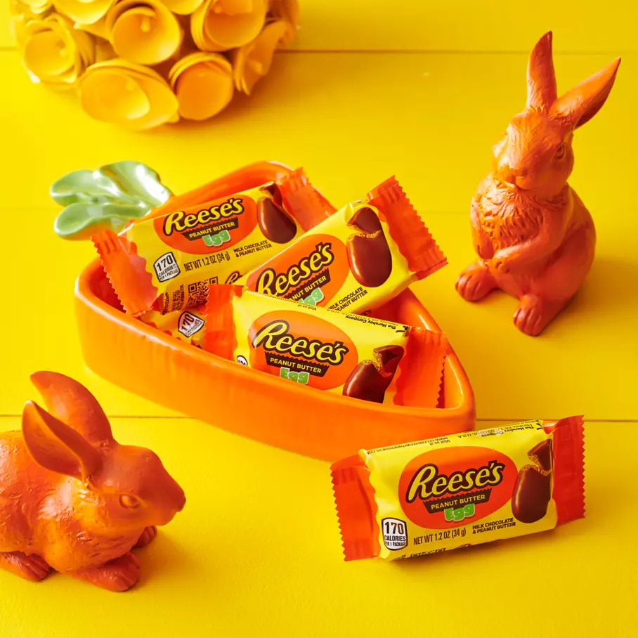 REESE'S Milk Chocolate Peanut Butter Eggs inside carrot shaped bowl
