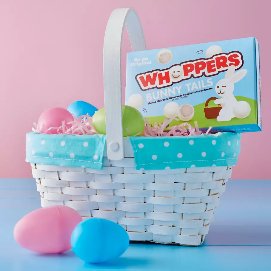 Box of WHOPPERS Bunny Tails inside Easter basket