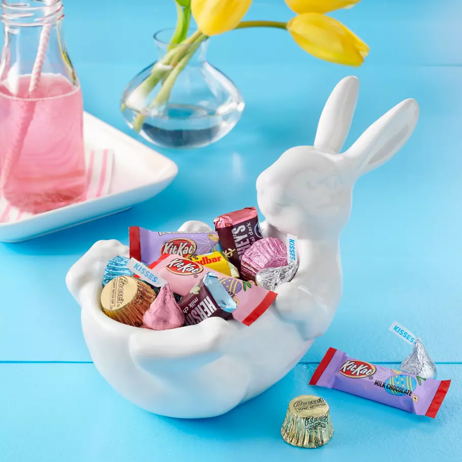 Assorted Hershey Easter candy inside bunny bowl