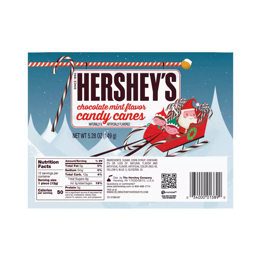 HERSHEY'S Chocolate Mint Candy Canes, 0.44 oz, 12 count box - Back of Package