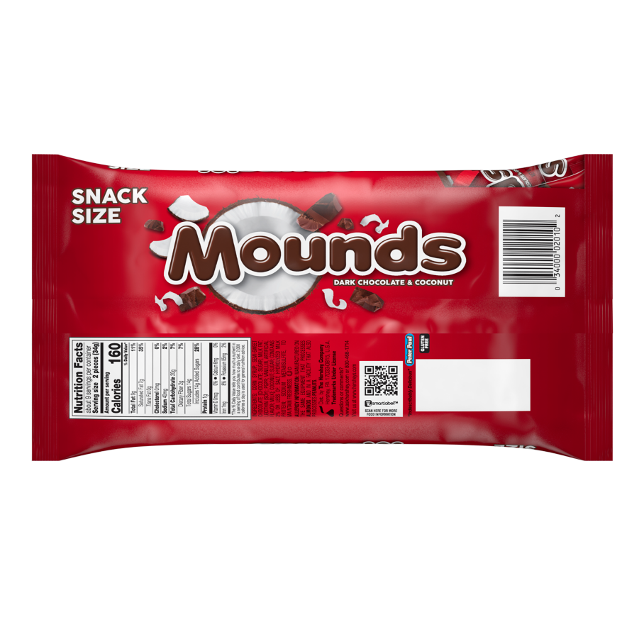 MOUNDS Dark Chocolate and Coconut Snack Size Candy Bars, 11.3 oz bag - Back of Package