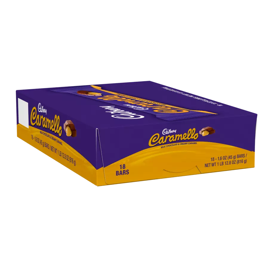 CADBURY CARAMELLO Milk Chocolate & Creamy Caramel Candy Bars, 1.6 oz, 18 count box - Front of Package