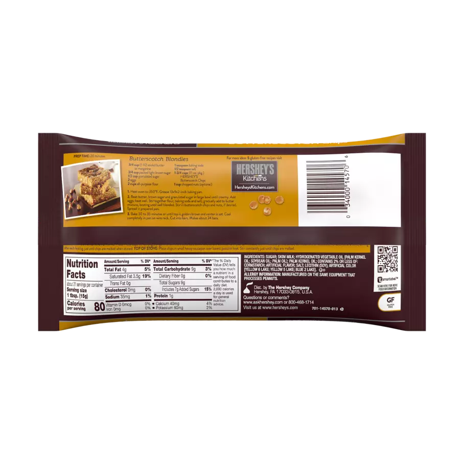 HERSHEY'S Butterscotch Chips, 11 oz bag - Back of Package