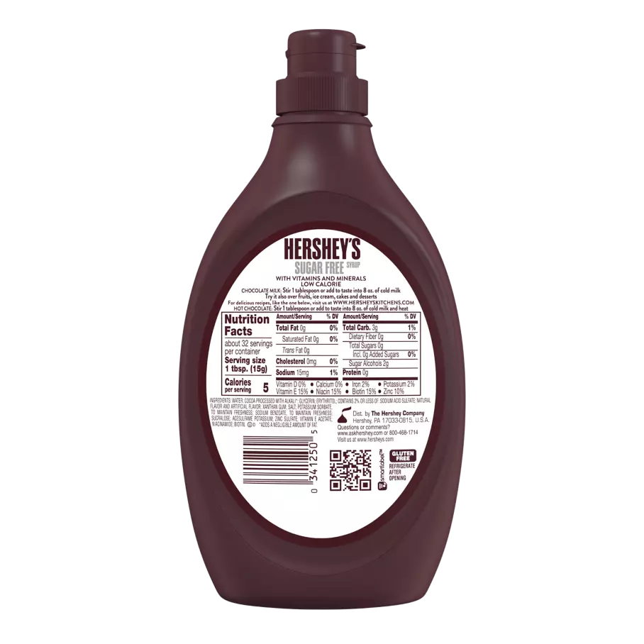HERSHEY'S Sugar Free Chocolate Syrup, 17.5 oz bottle - Back of Package