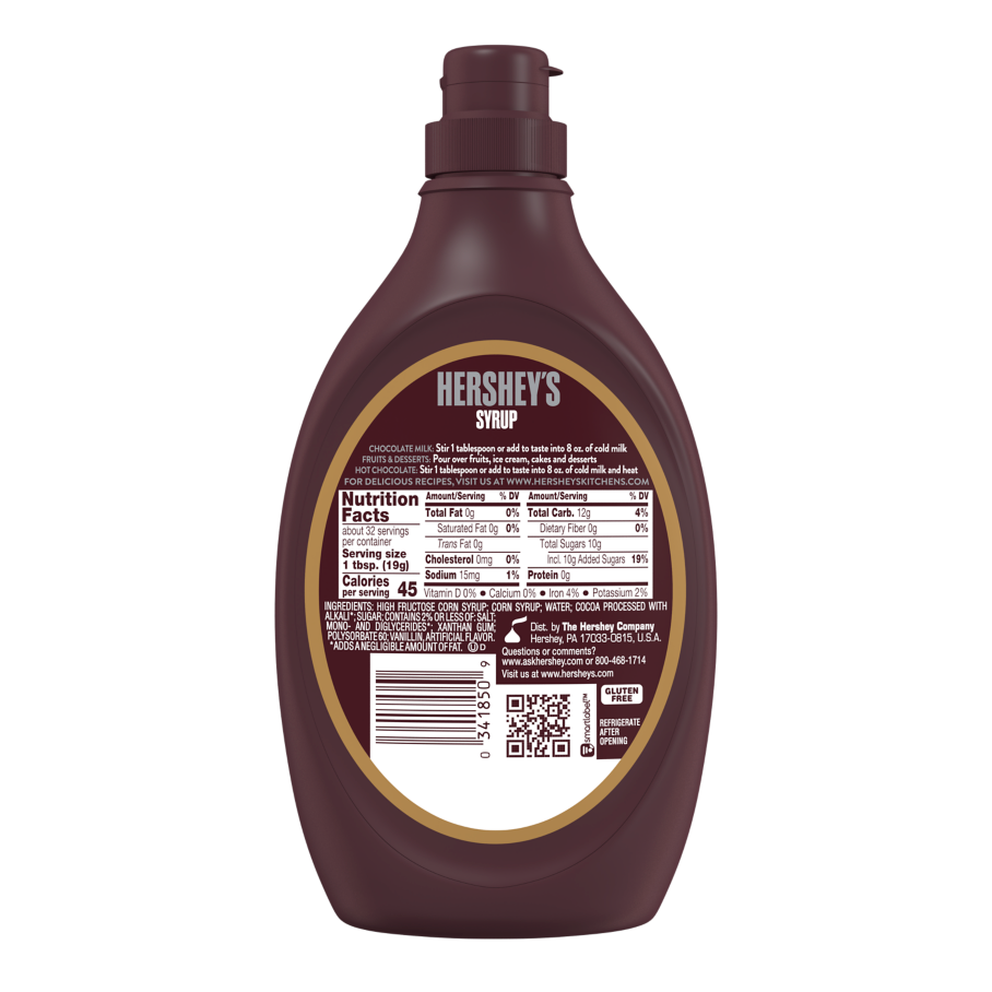 HERSHEY'S SPECIAL DARK Mildly Sweet Chocolate Syrup, 22 oz bottle - Back of Package