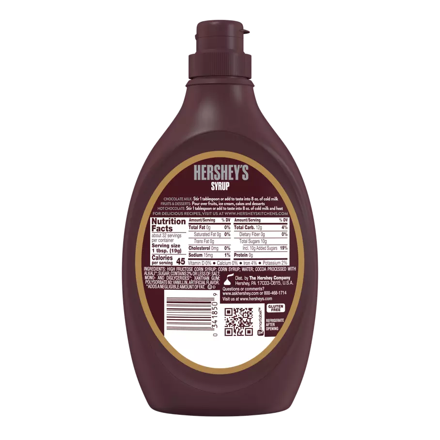 HERSHEY'S SPECIAL DARK Mildly Sweet Chocolate Syrup, 22 oz bottle - Back of Package
