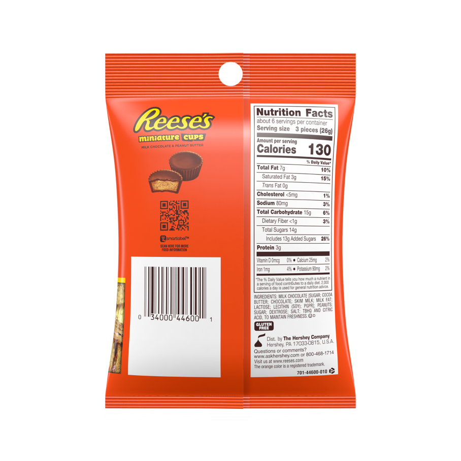 REESE'S Miniatures Milk Chocolate Peanut Butter Cups, 5.3 oz bag - Back of Package