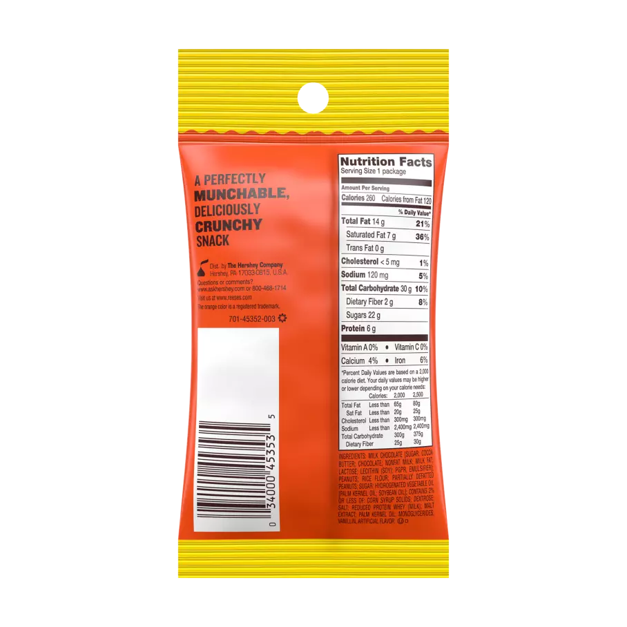 REESE'S CRUNCHERS Milk Chocolate Peanut Butter Snack, 1.8 oz tube - Back of Package