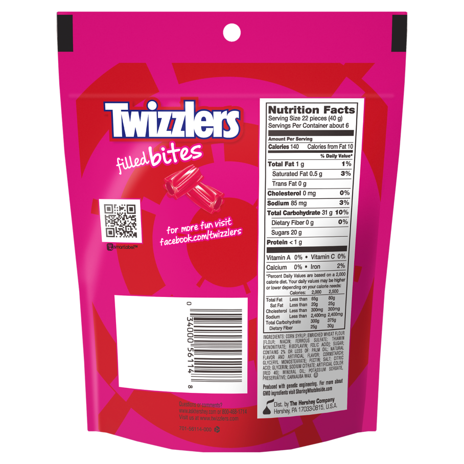 TWIZZLERS Filled Bites Strawberry Flavored Candy, 8 oz bag - Back of Package