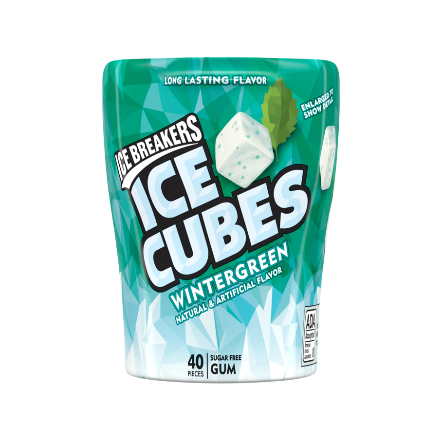 ICE BREAKERS ICE CUBES Wintergreen Sugar Free Gum, 3.24 oz bottle, 40 pieces - Front of Package