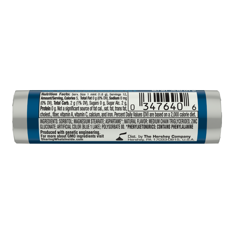 BREATH SAVERS Peppermint Sugar Free Mints, 0.75 oz roll - Back of Package