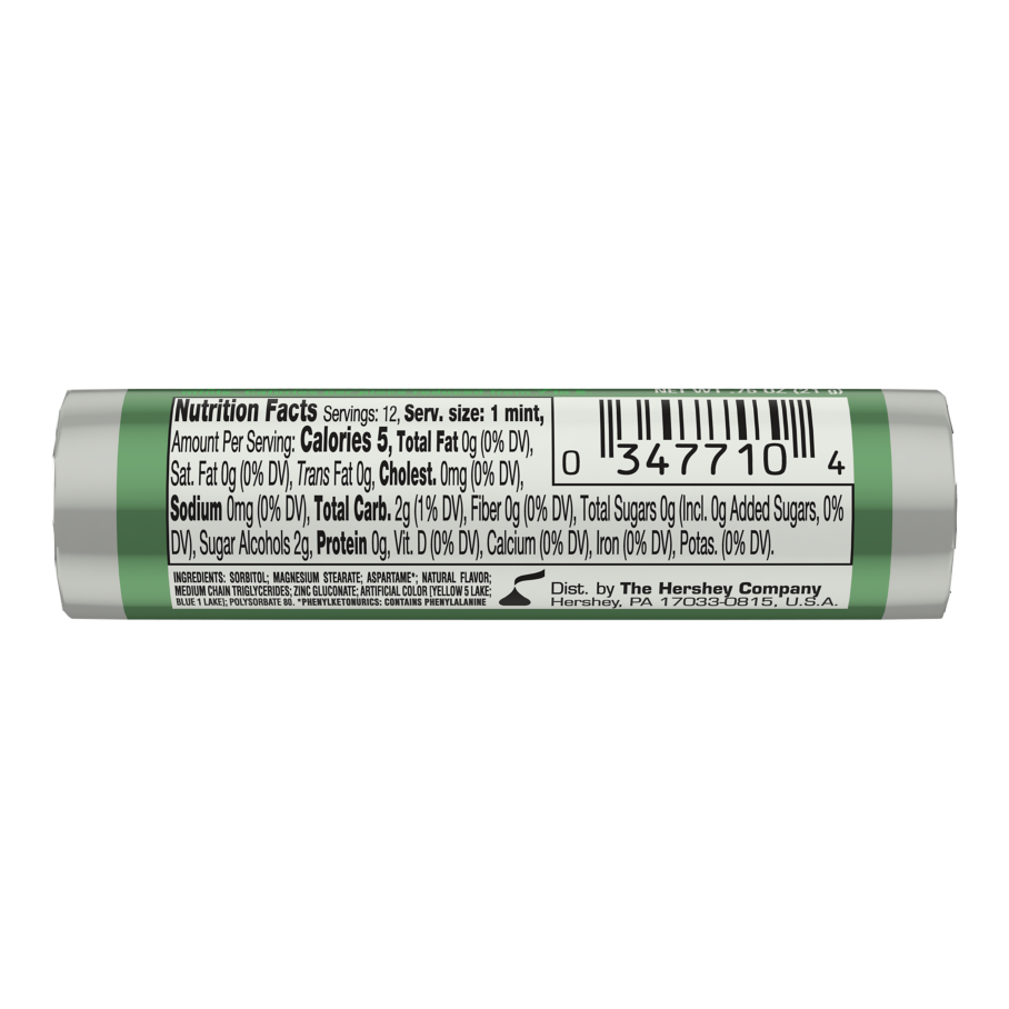 BREATH SAVERS Spearmint Sugar Free Mints, 0.75 oz roll - Back of Package