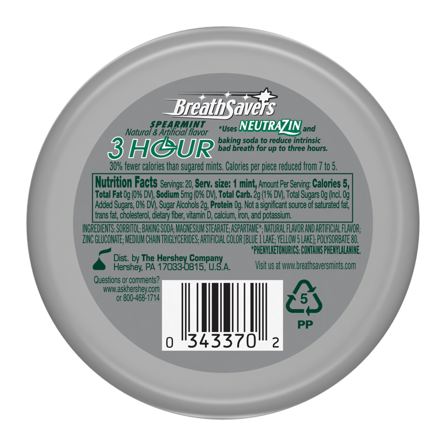 BREATH SAVERS 3-Hour Spearmint Sugar Free Mints, 1.27 oz puck - Back of Package