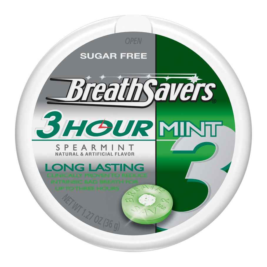 BREATH SAVERS 3-Hour Spearmint Sugar Free Mints, 1.27 oz puck - Front of Package