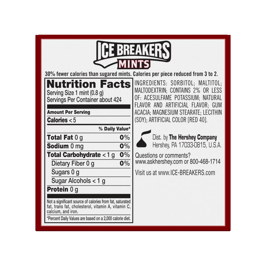 ICE BREAKERS Cinnamon Sugar Free Mints, 12 oz box, 8 pack - Back of Package