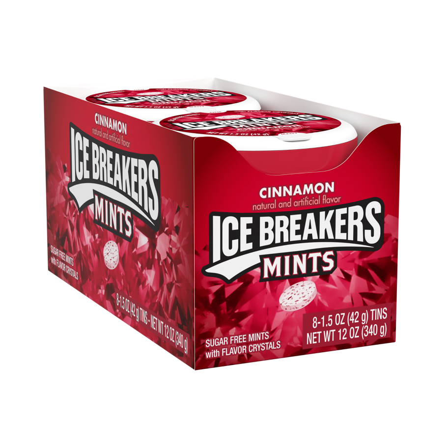 ICE BREAKERS Cinnamon Sugar Free Mints, 12 oz box, 8 pack - Front of Package