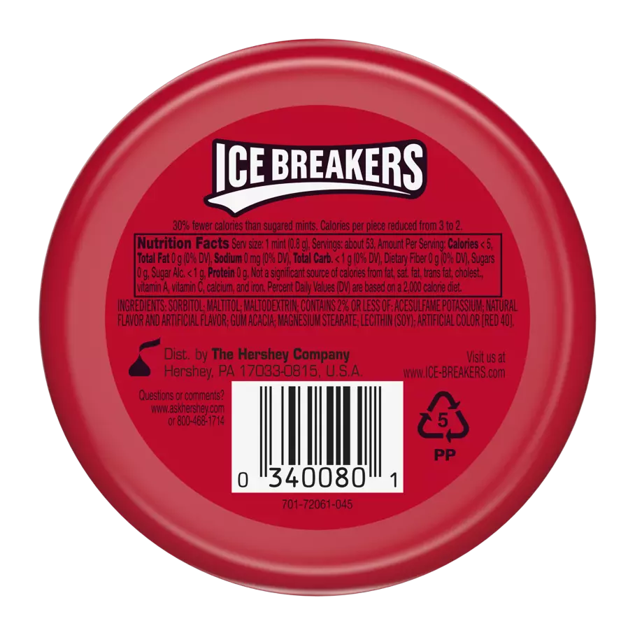 ICE BREAKERS Cinnamon Sugar Free Mints, 1.5 oz puck - Back of Package