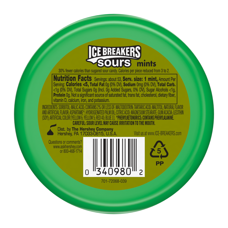 ICE BREAKERS Sours Sour Fruits Sugar Free Mints, 1.5 oz puck - Back of Package