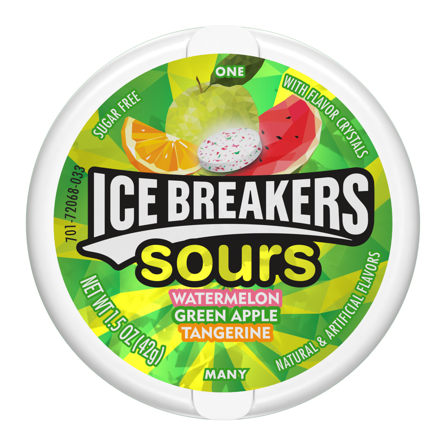 ICE BREAKERS Sours Sour Fruits Sugar Free Mints, 1.5 oz puck - Front of Package
