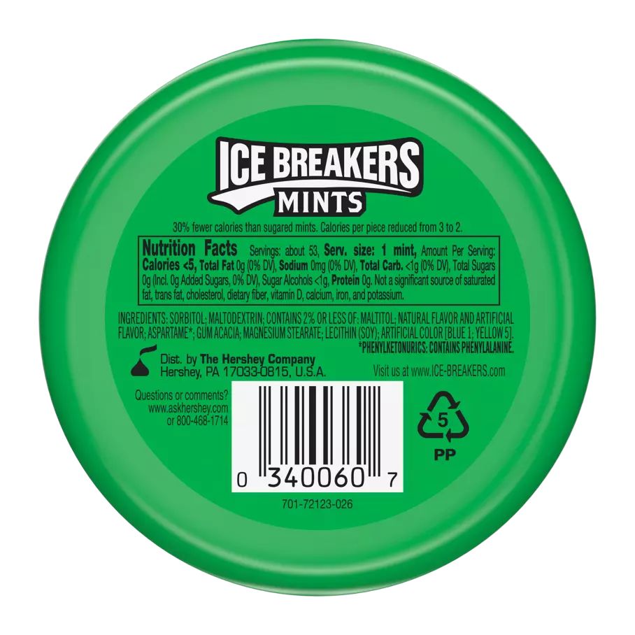 ICE BREAKERS Spearmint Sugar Free Mints, 1.5 oz puck - Back of Package