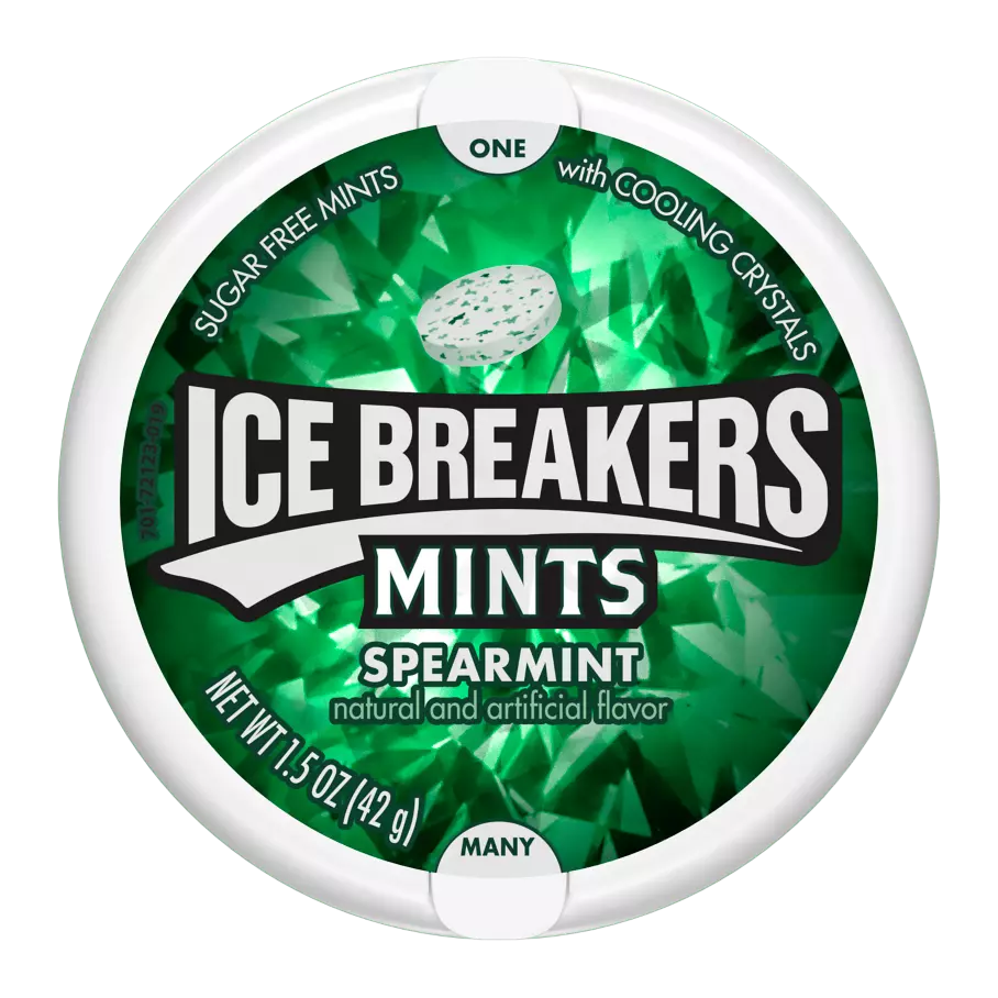 ICE BREAKERS Spearmint Sugar Free Mints, 1.5 oz puck - Front of Package