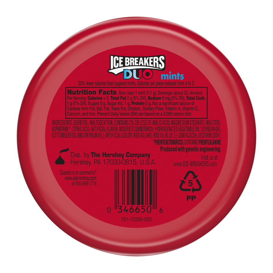 ICE BREAKERS DUO Strawberry Sugar Free Mints, 1.3 oz puck - Back of Package