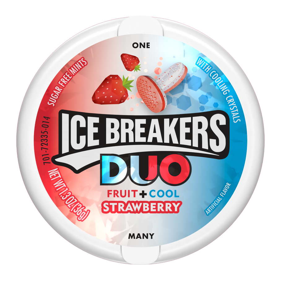 ICE BREAKERS DUO Strawberry Sugar Free Mints, 1.3 oz puck - Front of Package