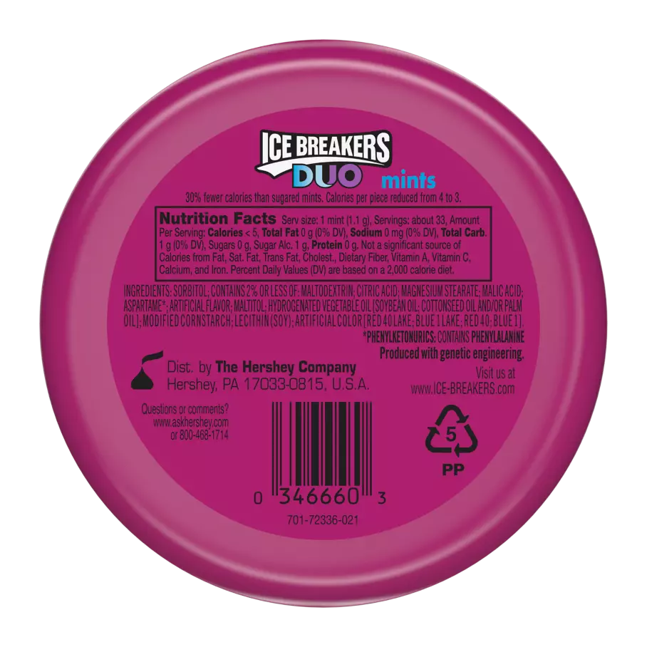 ICE BREAKERS DUO Raspberry Sugar Free Mints, 1.3 oz puck - Back of Package