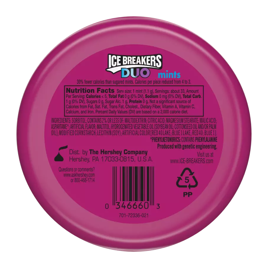 ICE BREAKERS DUO Raspberry Sugar Free Mints, 1.3 oz puck