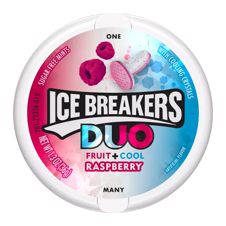 ICE BREAKERS DUO Raspberry Sugar Free Mints, 1.3 oz puck - Front of Package