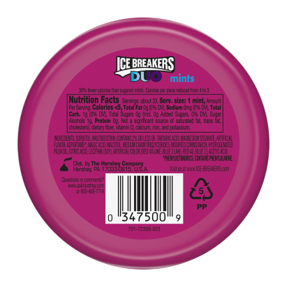 ICE BREAKERS DUO Grape Sugar Free Mints, 1.3 oz puck