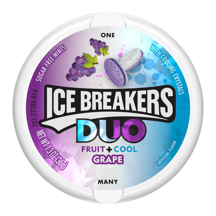 ICE BREAKERS DUO Grape Sugar Free Mints, 1.3 oz puck - Front of Package