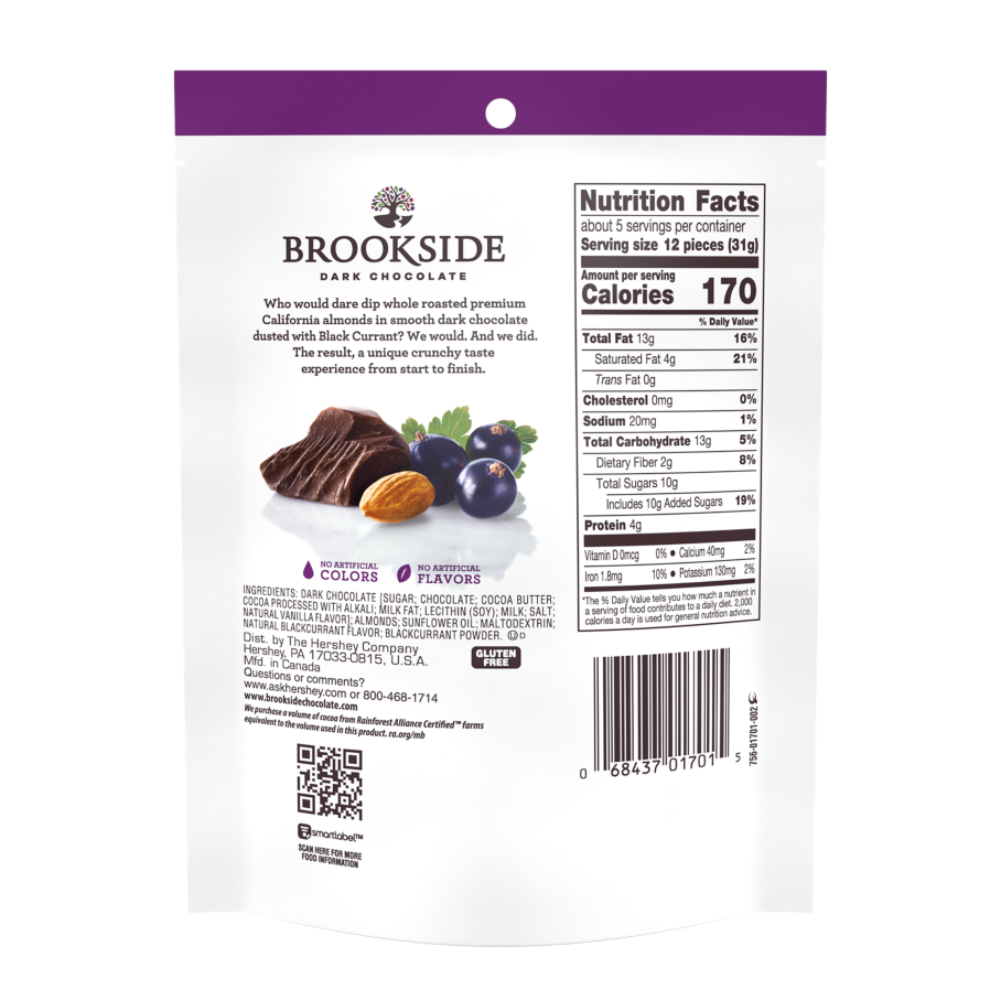 BROOKSIDE Dark Chocolate Whole Almonds Dusted with Black Currant Candy, 5.5 oz bag - Back of Package