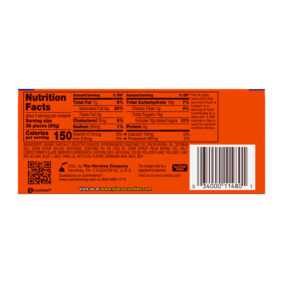 REESE'S PIECES Peanut Butter Candy, 4 oz box - Back of Package