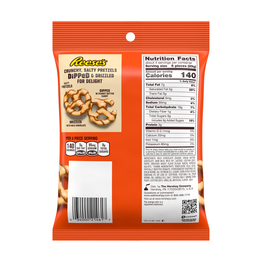 REESE'S Dipped Pretzels Milk Chocolate Peanut Butter Snack, 4.25 oz bag - Back of Package