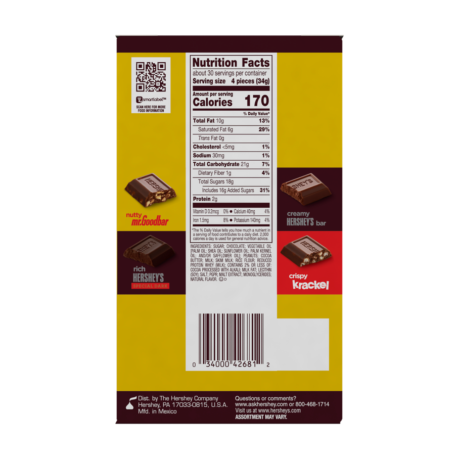 HERSHEY'S Chocolate Miniatures Candy, 36 oz box, 120 pieces - Back of Package