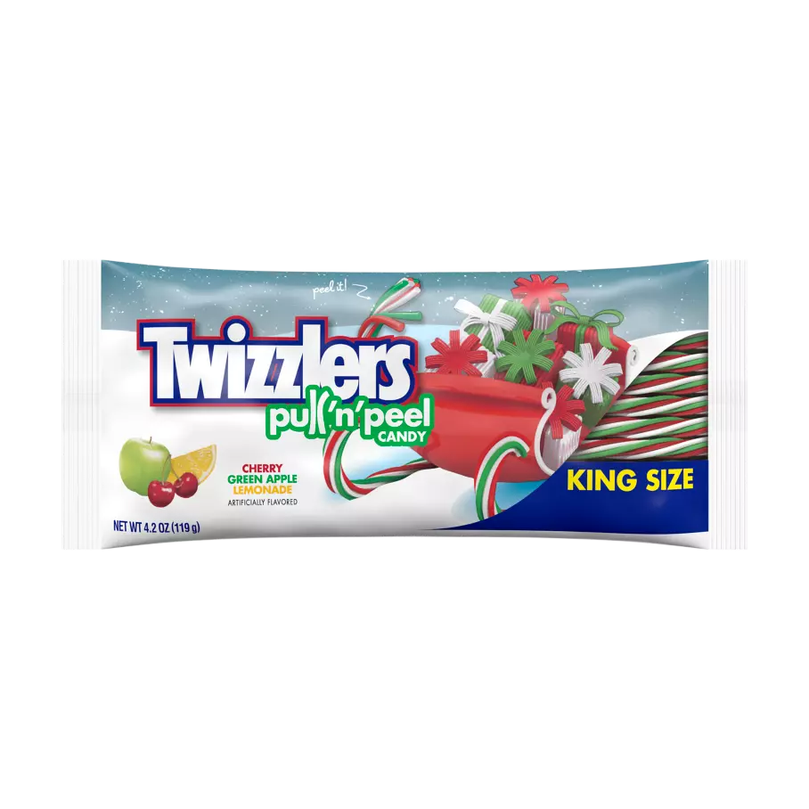 TWIZZLERS PULL ‘N’ PEEL Red, Green, and White King Size Candy, 4.2 oz bag - Front of Package