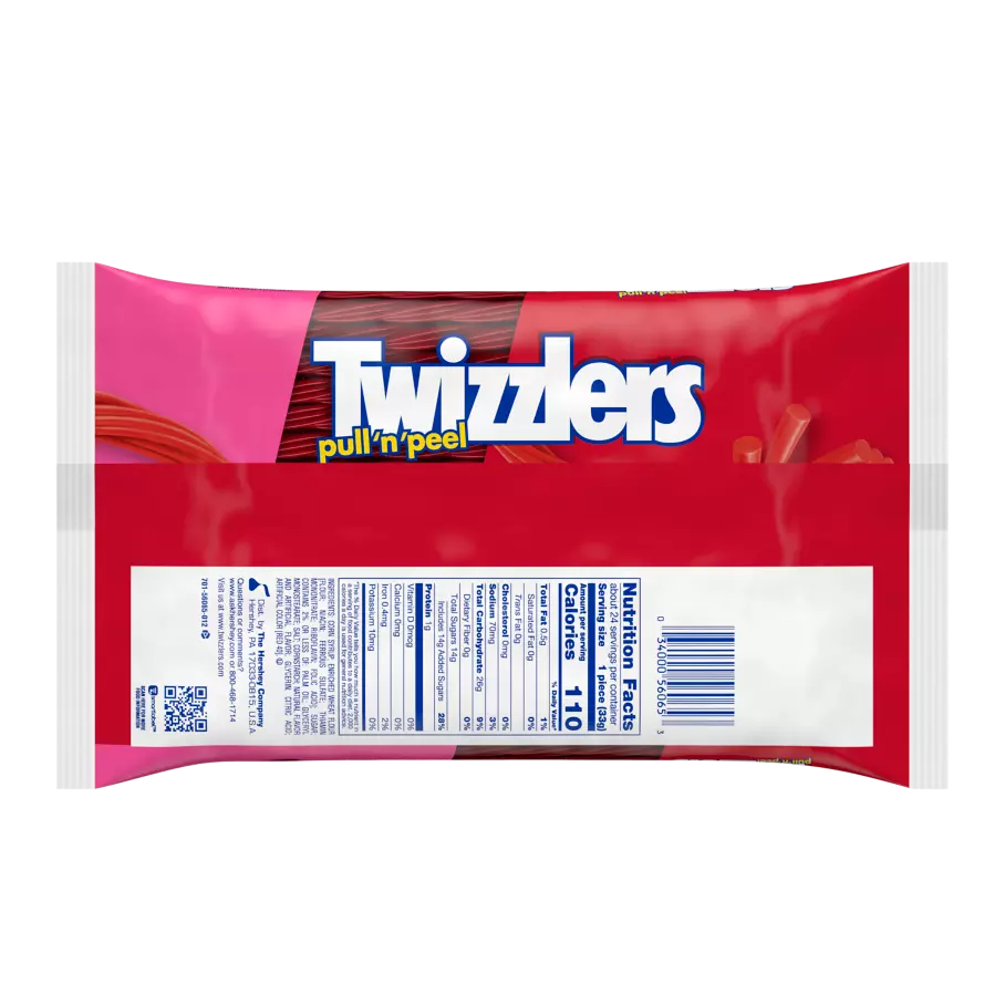 TWIZZLERS PULL 'N' PEEL Cherry Flavored Candy, 28 oz bag - Back of Package