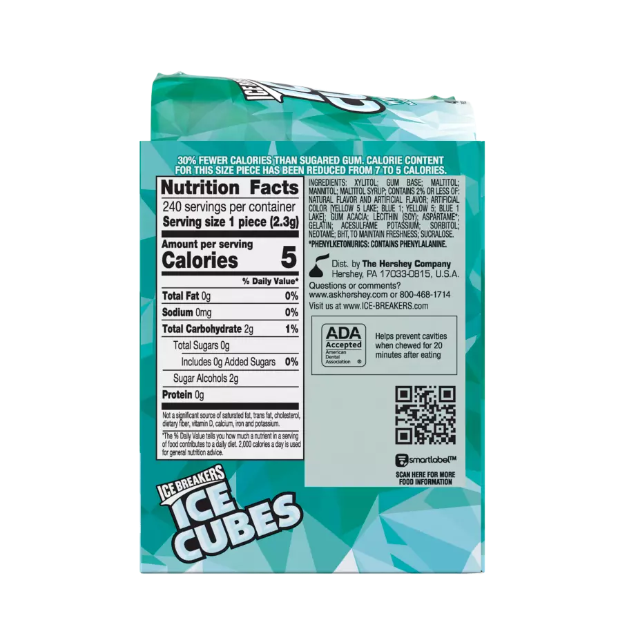 ICE BREAKERS ICE CUBES Wintergreen Sugar Free Gum, 19.44 oz box, 6 pack - Back of Package