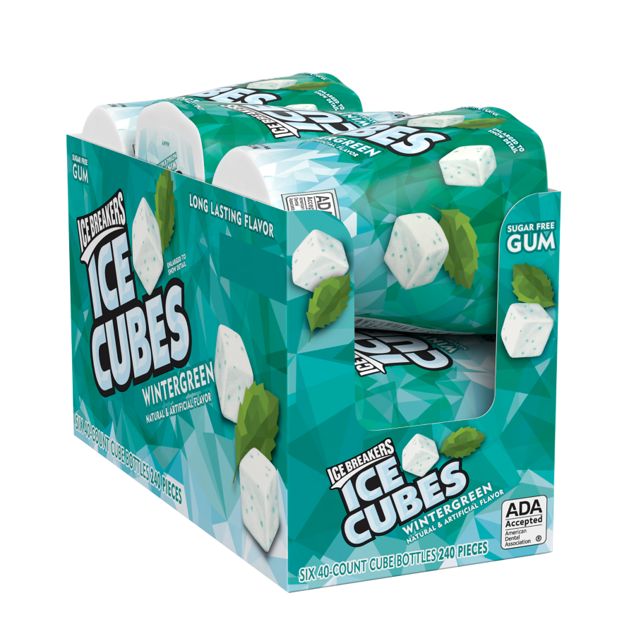 ICE BREAKERS ICE CUBES Wintergreen Sugar Free Gum, 19.44 oz box, 6 pack - Front of Package