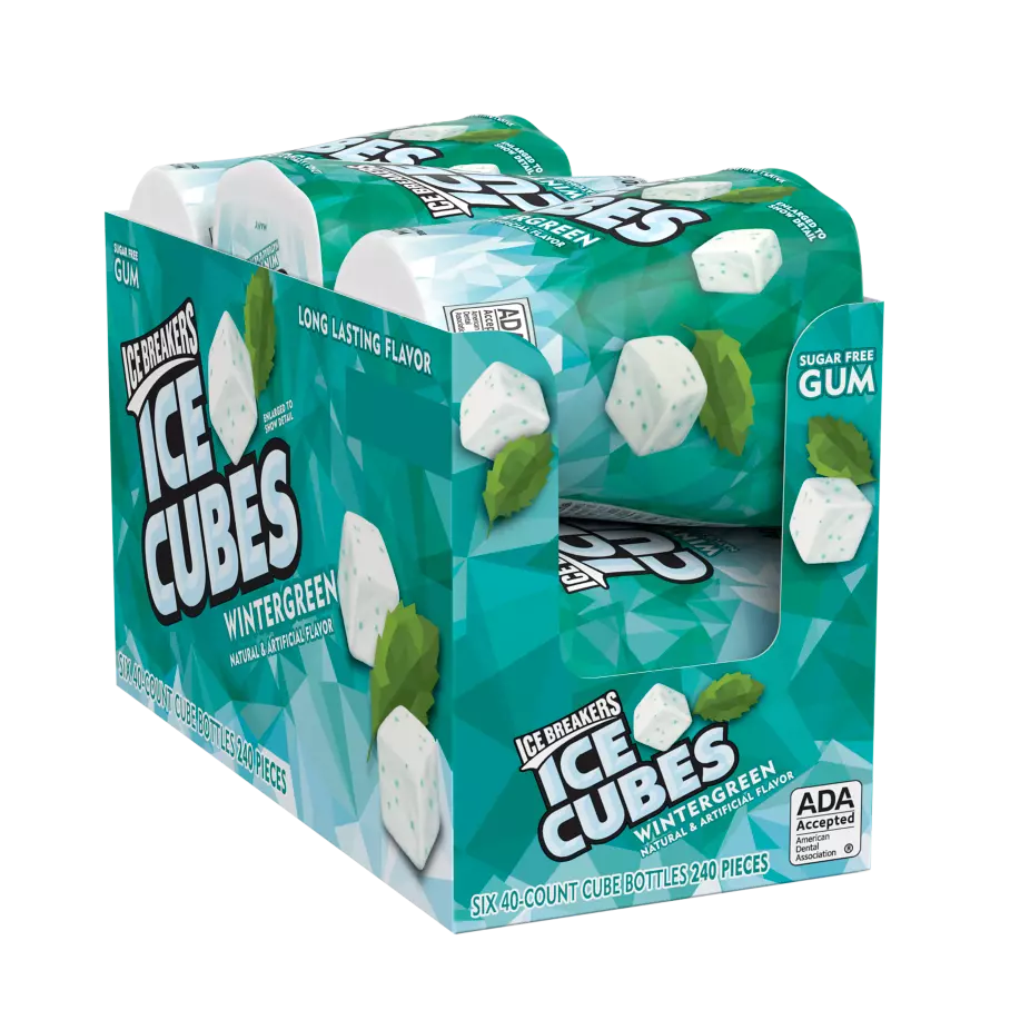 ICE BREAKERS ICE CUBES Wintergreen Sugar Free Gum, 19.44 oz box, 6 pack - Front of Package