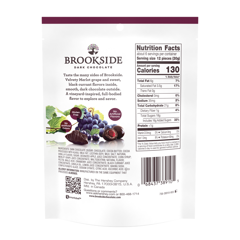 BROOKSIDE Dark Chocolate Vineyard Inspired Merlot Grape and Black Currant Flavors Candy, 6 oz bag - Back of Package