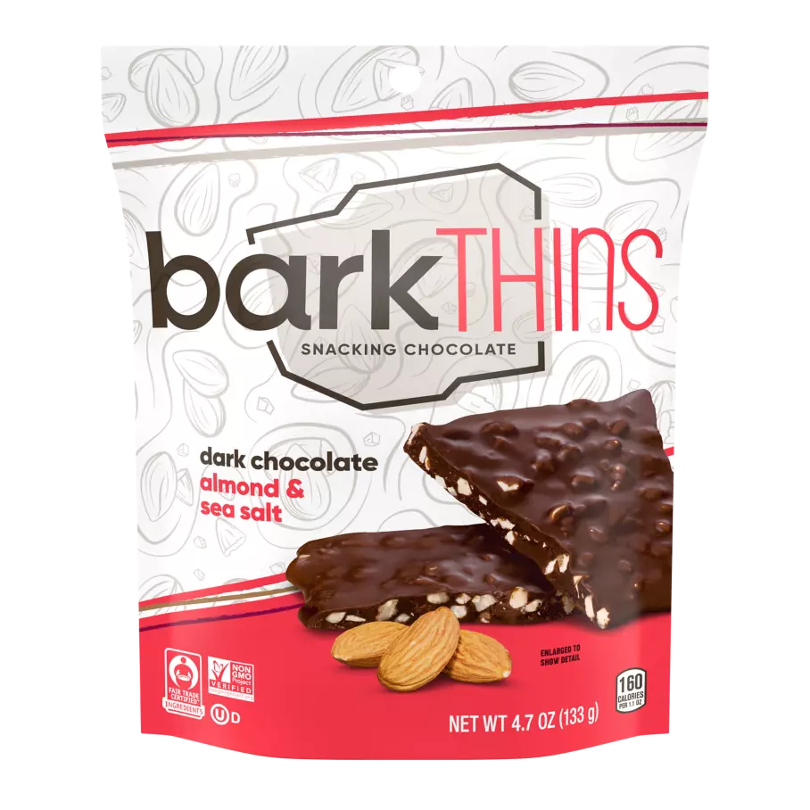 barkTHINS Dark Chocolate Almond & Sea Salt Snacking Chocolate, 4.7 oz bag - Front of Package