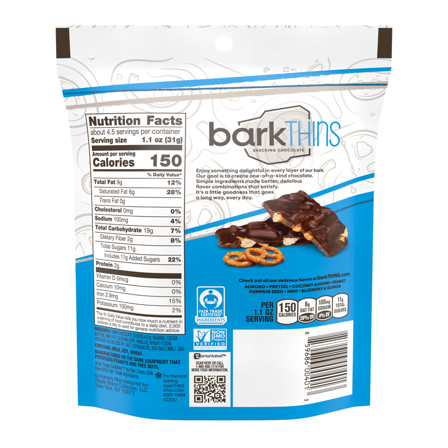 barkTHINS Dark Chocolate Pretzel & Sea Salt Snacking Chocolate, 4.7 oz bag - Back of Package